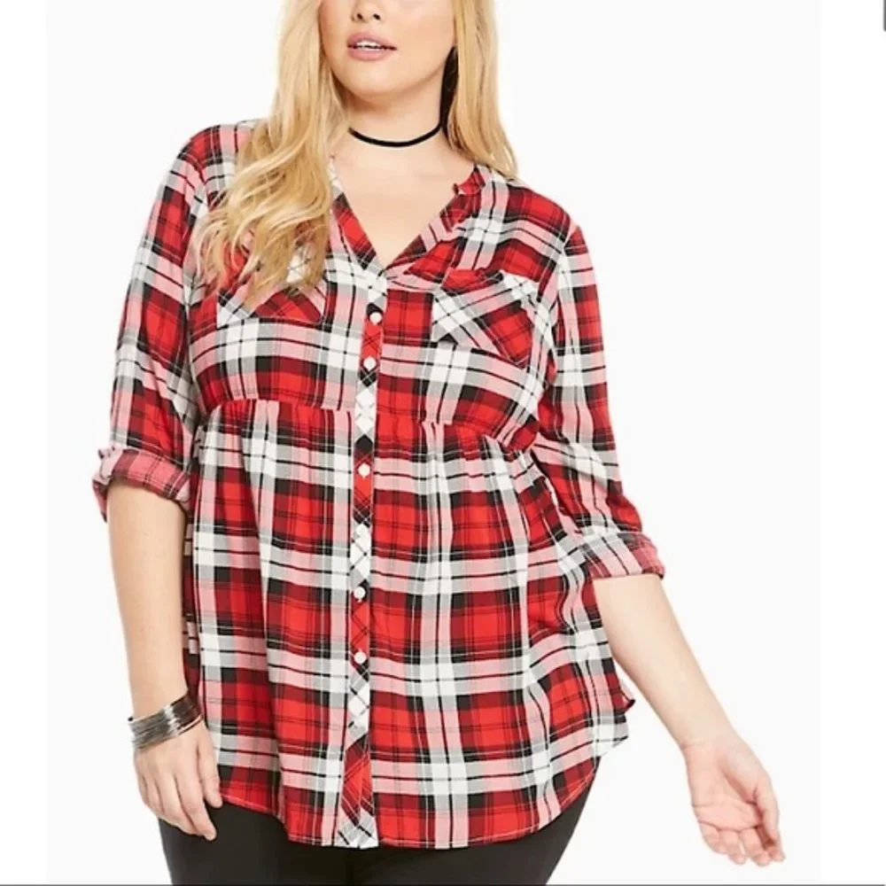 Torrid Emma Red Plaid Babydoll Challis Button-Front Tunic